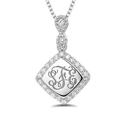 Custom Diamond Monogram Necklace in Sterling Silver 925 with Infinity Symbol, featuring personalized engraving of up to three initials and dazzling simulated diamonds.