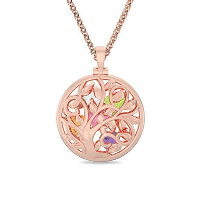 A rose gold necklace with a circular pendant featuring an intricate tree design and multicolored gemstones embedded within the branches.