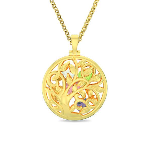 A gold necklace with a circular pendant featuring an intricate tree design and multicolored gemstones embedded within the branches.