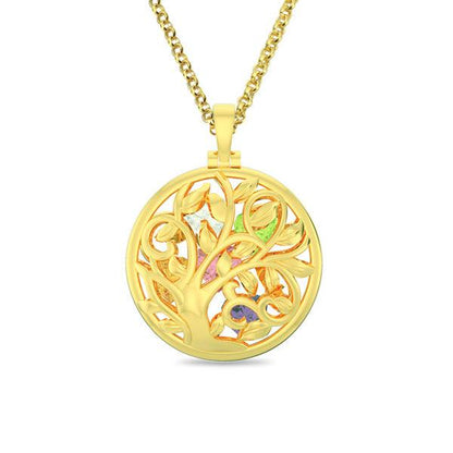 A gold necklace with a circular pendant featuring an intricate tree design and multicolored gemstones embedded within the branches.
