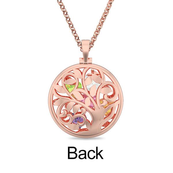 Back view of a rose gold necklace with a circular pendant featuring an intricate tree design and multicolored gemstones embedded within the branches.