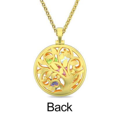 Back view of a gold necklace with a circular pendant featuring an intricate tree design and multicolored gemstones embedded within the branches.