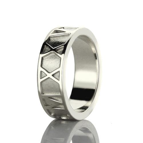 Silver ring with engraved geometric triangular patterns on the outer band and a highly polished, smooth inner surface.