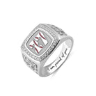 Silver baseball signet ring with red stitching detail and personalized engraving 'Kevin - I am proud of you' on band.