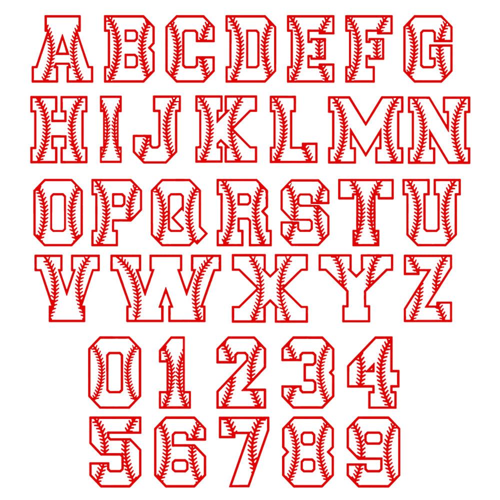 Alphabet and numerals with red baseball stitching design for personalized engraving options.