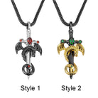 Two pendant styles: Style 1 with a black dragon and red gemstones on a sword, and Style 2 with a gold dragon and green gemstones on a sword, both on foxtail chains.