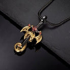 A pendant featuring a gold dragon with red gemstones wrapped around a black sword, suspended on a black foxtail chain against a dark background.