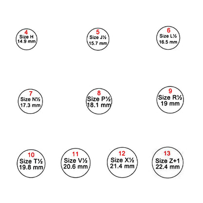 Ring size chart showing sizes from 4 to 13 with corresponding UK sizes and diameters in millimeters: Size 4 (14.9 mm) to Size 13 (22.4 mm).