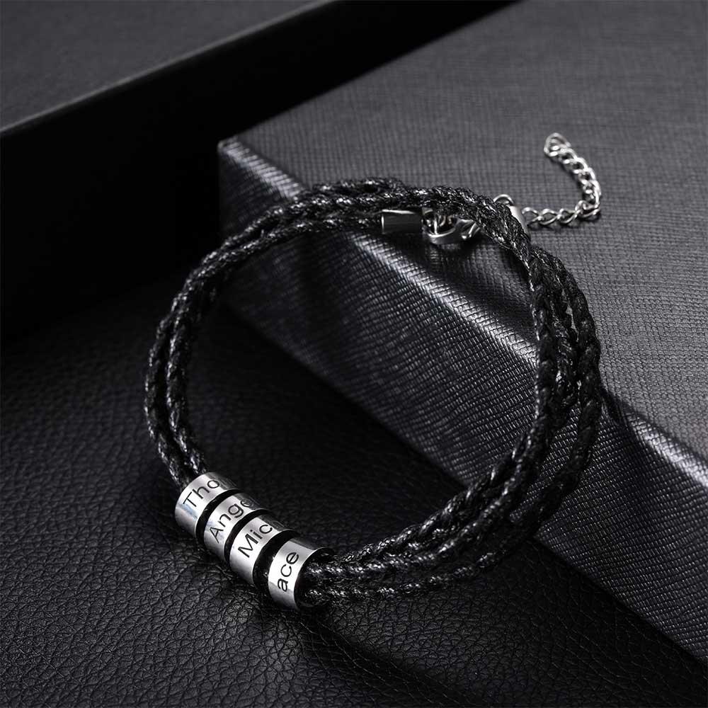 Custom Engraved Men's Bracelet - Personalized Stainless Steel Beads, Adjustable Woven Band - Belbren