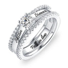 Customizable sterling silver ring set with names 'Justin' and 'Sienna' and 'Fall in Love' engraved, adorned with cubic zirconia