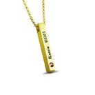 A gold necklace with a vertical bar pendant engraved with "Bianca 10.13.02" and a red gemstone at the bottom left corner, displayed on a white background.