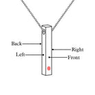 Diagram of a vertical bar pendant on a necklace, labeled to show the front, back, left, and right sides, with a pink dot indicating the gemstone placement on the left side.