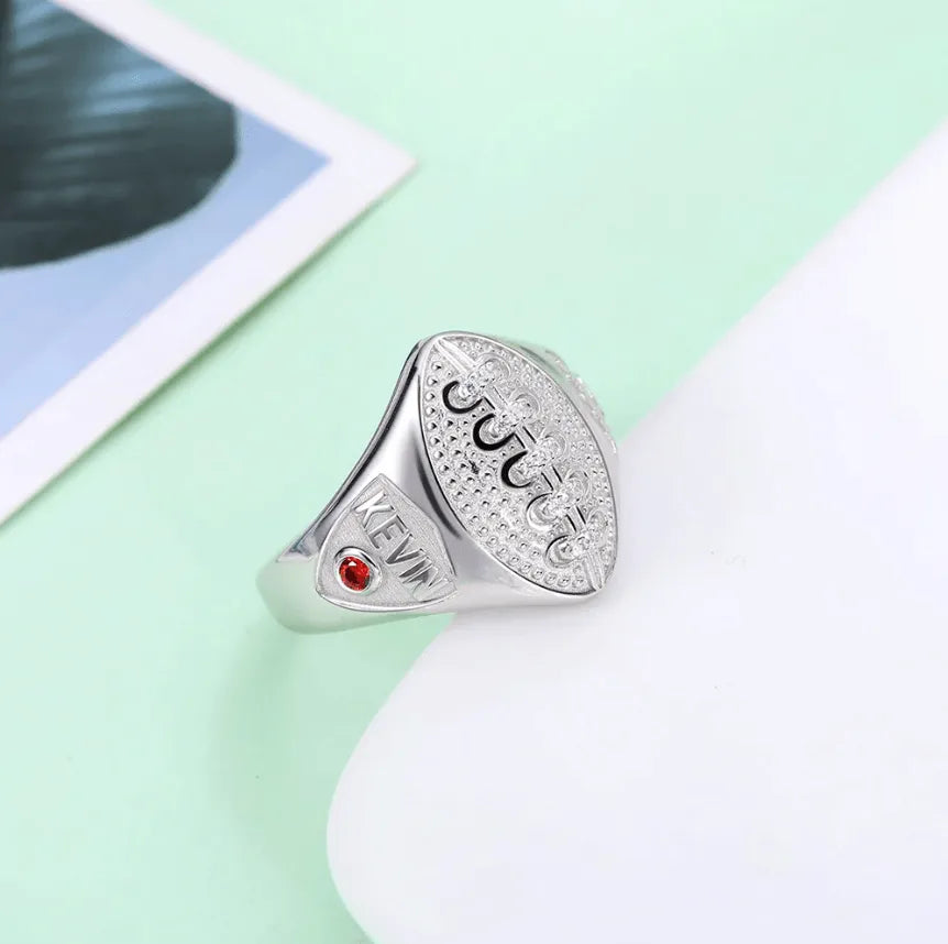 Custom Football Championship Signet Ring - 925 Sterling Silver - Personalized Name, Number & Birthstone - Sports Jewelry for Football Fans - Belbren
