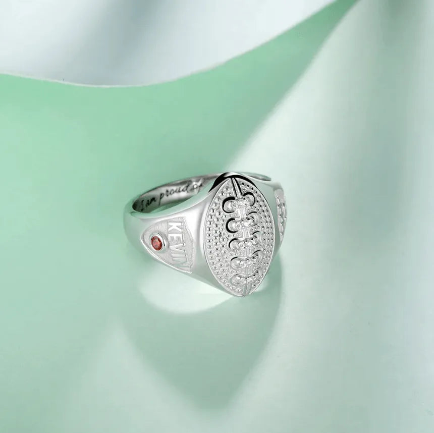 Custom Football Championship Signet Ring - 925 Sterling Silver - Personalized Name, Number & Birthstone - Sports Jewelry for Football Fans - Belbren