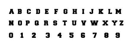 Black uppercase alphabet letters and numbers in a bold, blocky font style.