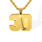 A gold hockey-themed necklace featuring the name "HENRY" and number 30 with a hockey stick design, displayed on a gold chain.