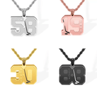 Four custom hockey-themed necklaces: silver with "JOSON" and number 58, rose gold with "EMMA" and number 19, gold with "HENRY" and number 30, black with "LUCAS" and number 88.