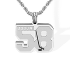 A silver hockey-themed necklace featuring the name "JOSON" and number 58 with a hockey stick design, displayed on a silver chain.