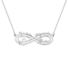 Silver infinity necklace with custom engraved names, isolated on a white background.