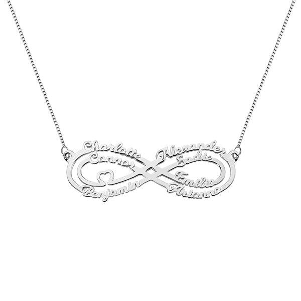 Silver infinity necklace with custom engraved names, isolated on a white background.