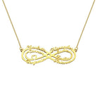 Gold infinity necklace with personalized names, suspended on a delicate chain.