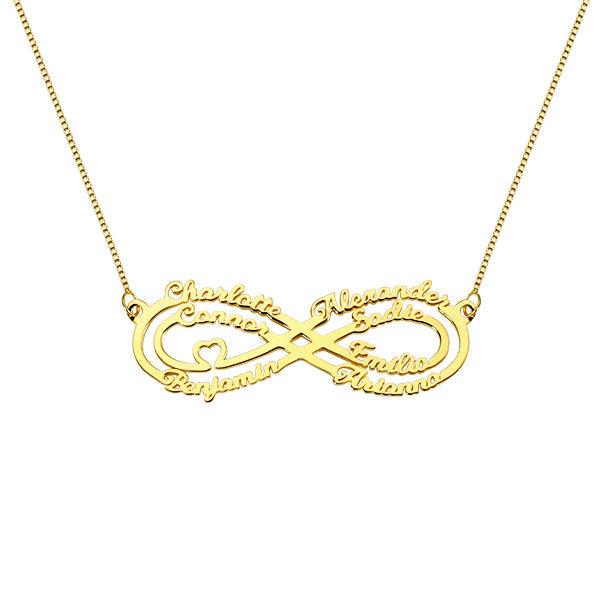 Gold infinity necklace with personalized names, suspended on a delicate chain.