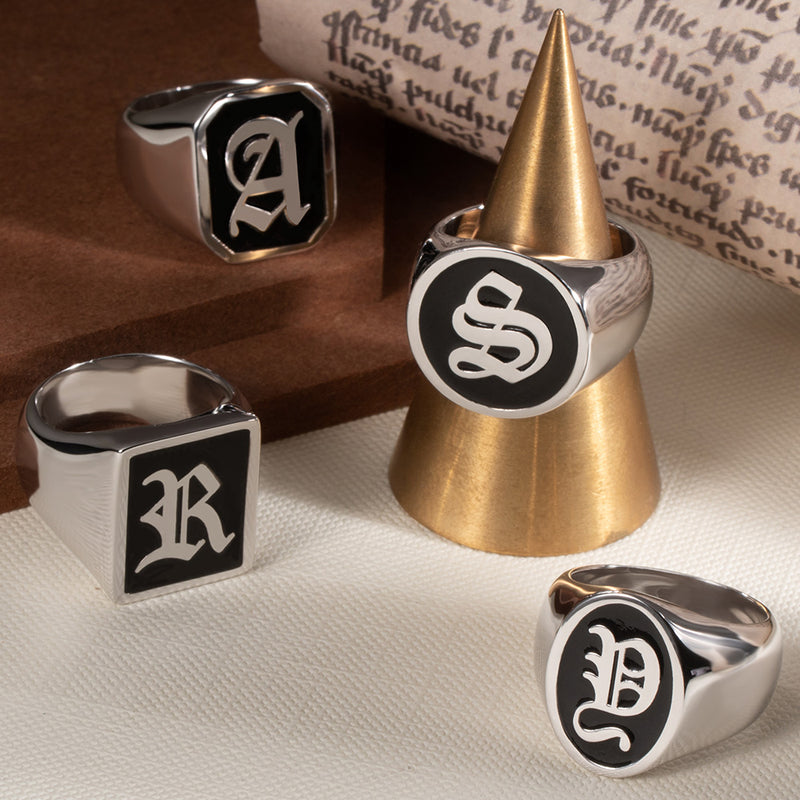 Custom Initial Signet Ring - Sterling Silver Unisex Letter Ring - Gothic Initial Jewelry- Choose Shape: Round, Rectangle, Octagon, Oval - Belbren