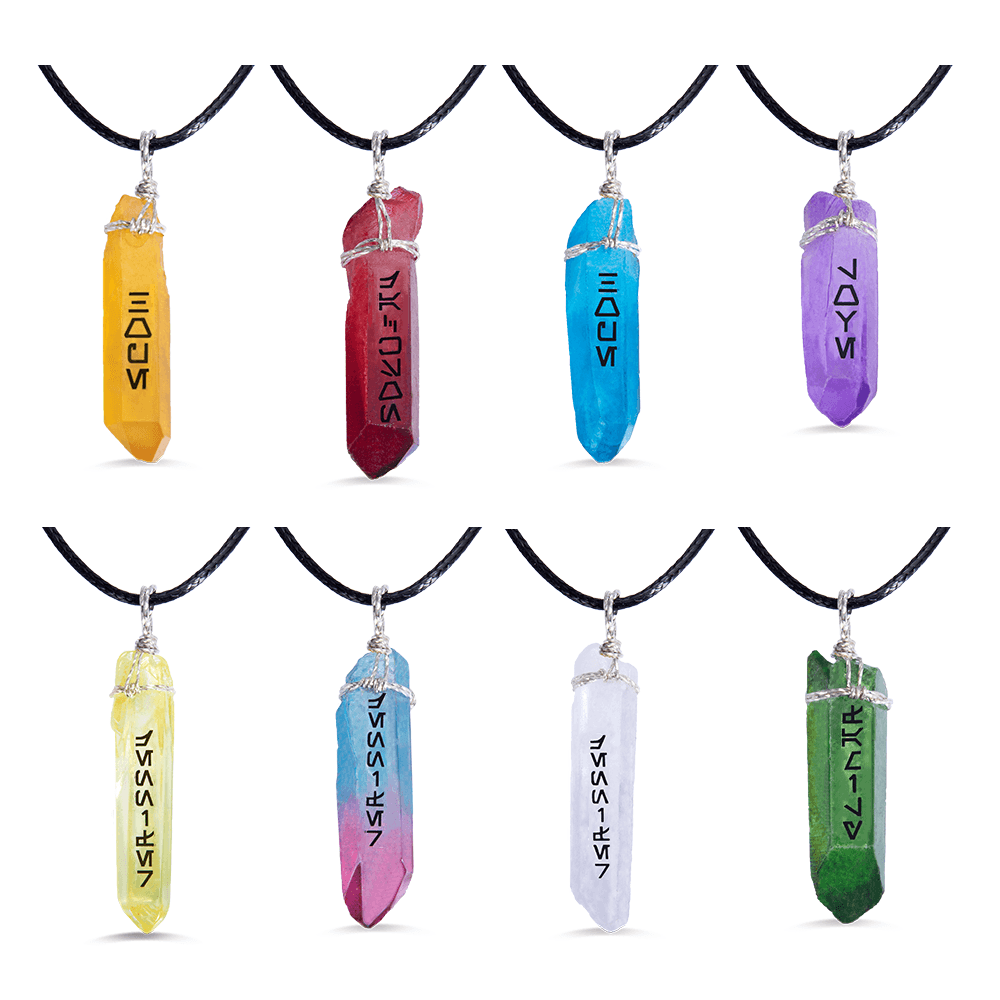 Assorted kyber crystal necklaces with Aurebesh engraved names on black cords.