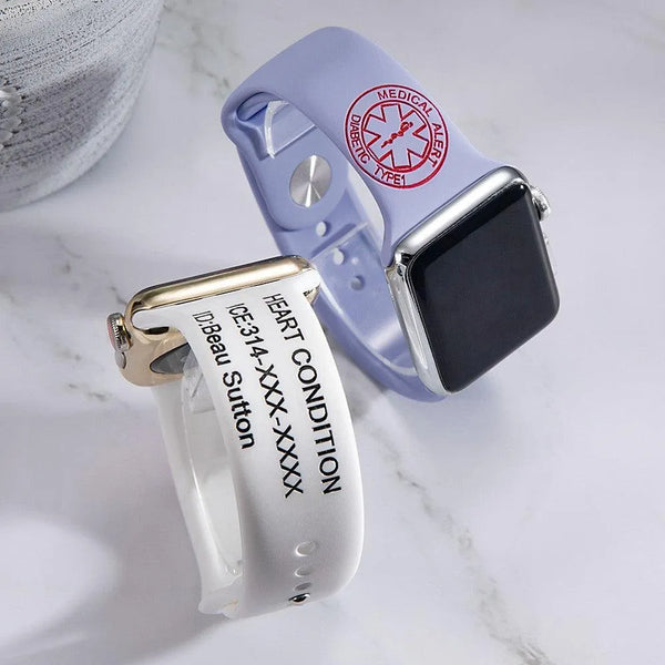 Custom Medical Alert Apple Watch Band - Personalized Silicone Strap for Health & Safety - 10 Vibrant Colors Available - Belbren