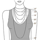 Diagram of a woman wearing necklaces of varying lengths (14", 16", 18", 20", 22", 32") to show how each length falls on the chest and torso.