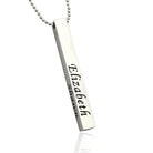 Silver bar pendant on a ball chain necklace engraved with the name "Elizabeth."