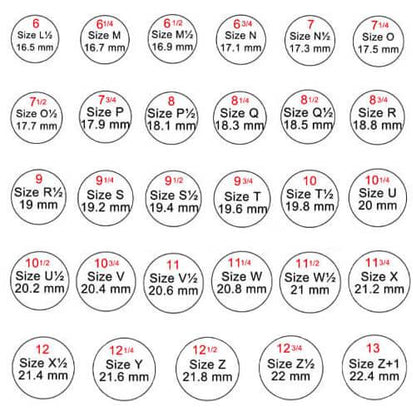 A chart displaying ring sizes with corresponding measurements in millimeters, ranging from size L½ (16.5 mm) to size Z+1 (22.4 mm).