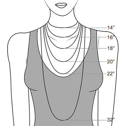 A diagram showing necklace chain lengths on a woman's torso, labeled with measurements: 14", 16", 18", 20", 22", and 32".