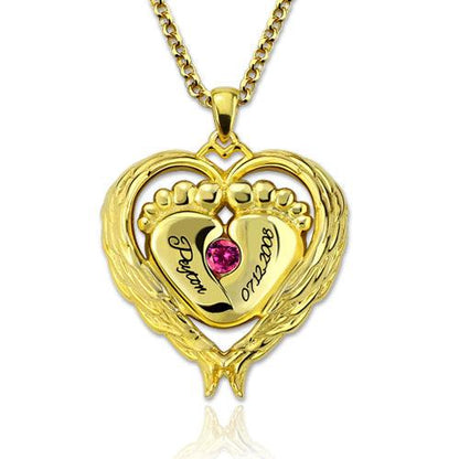 Gold heart-shaped necklace pendant featuring baby feet, engraved with the name "Peyton" and the date "07.22.2008," adorned with a pink gemstone.