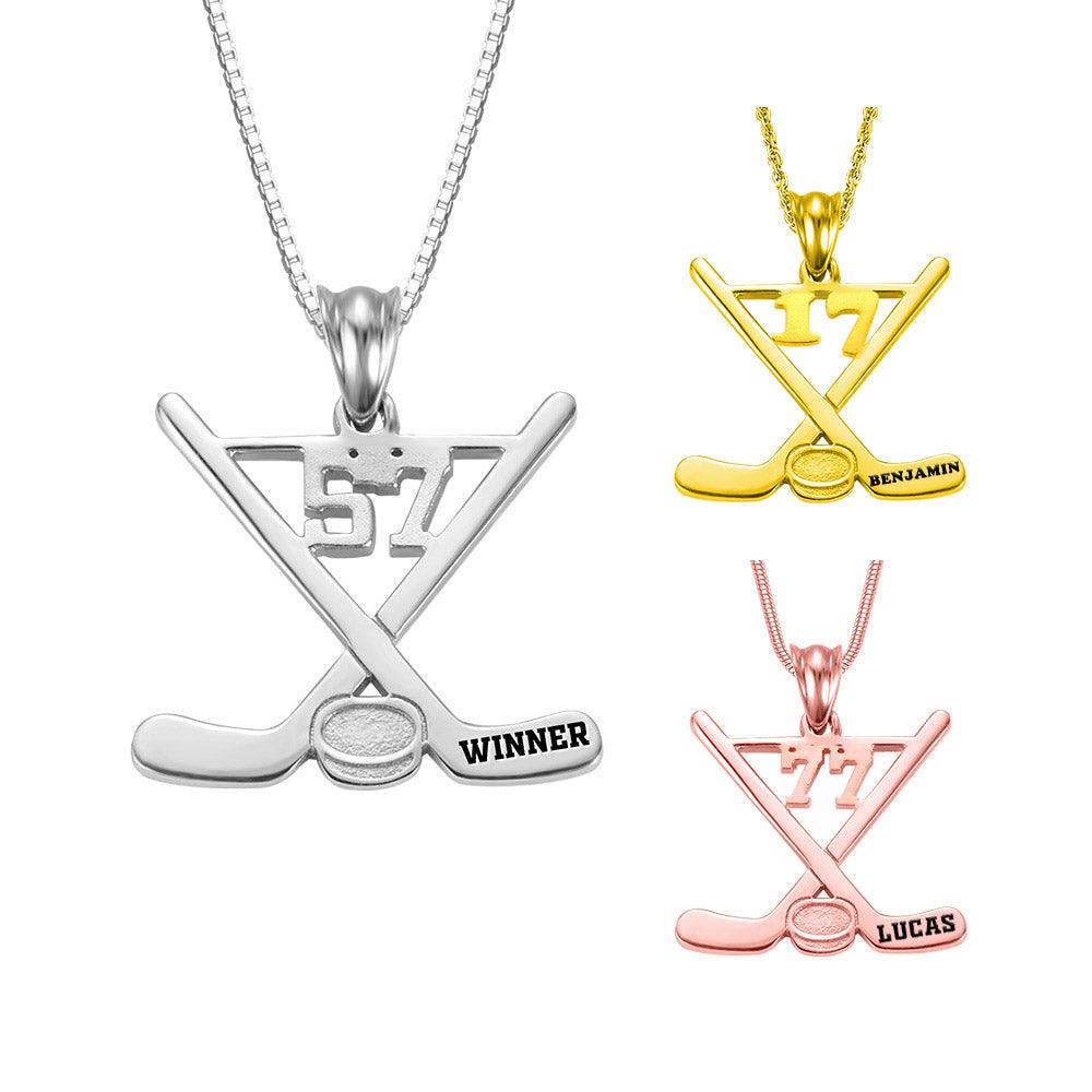 Custom field hockey necklace pendants in silver, gold, and rose gold, with engraved numbers and names.