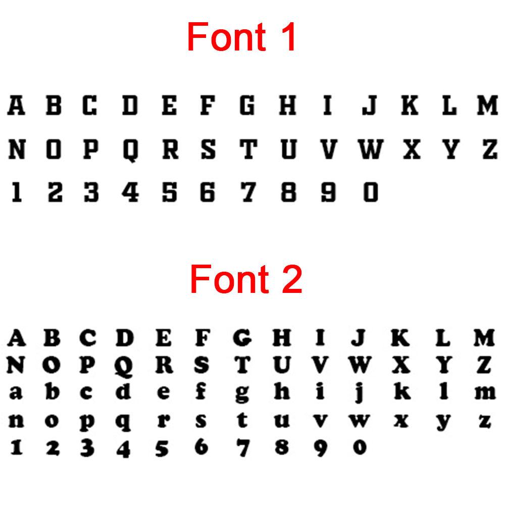 Two sets of fonts labeled "Font 1" and "Font 2" in red. Font 1 shows uppercase letters and numbers; Font 2 shows uppercase, lowercase letters, and numbers.