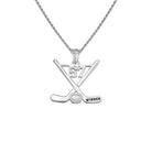 Silver hockey-themed necklace with crossed sticks, a puck labeled "WINNER", and the number 57 engraved on the pendant.