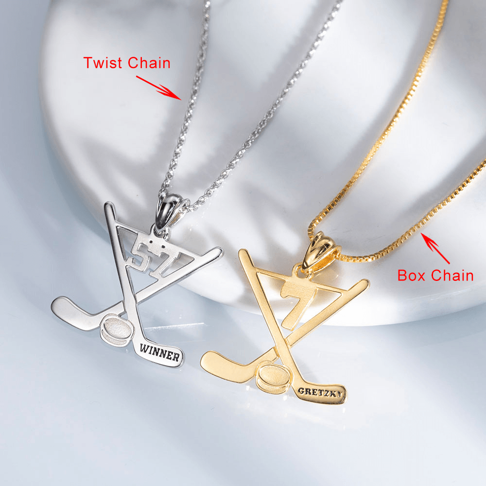 Customizable Hockey Stick Pendant Necklace with Engraved Name & Number – Sterling Silver, Gold, Rose Gold – Personalized Sports Jewelry - Belbren