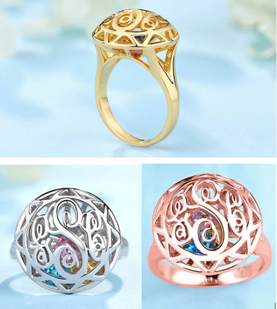 Three rings: gold with filigree and blue gems, silver and rose gold with Celtic knots and multicolored inlays.