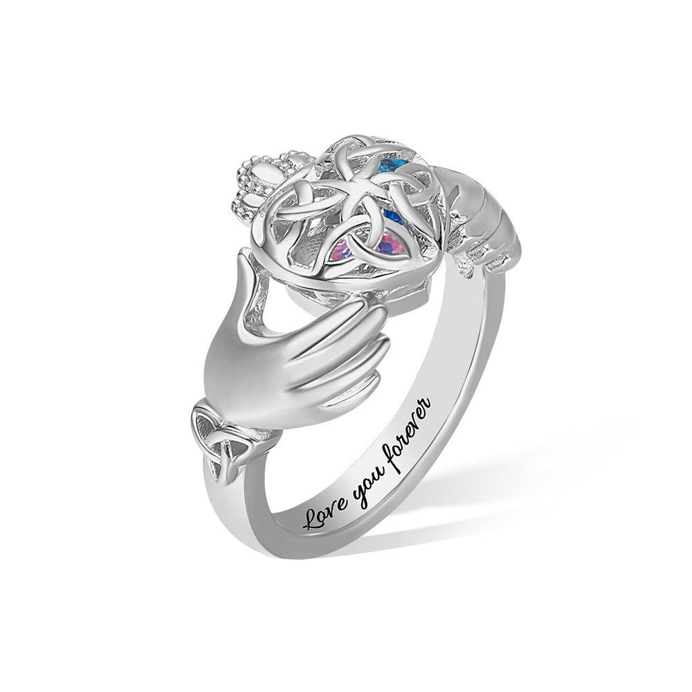 Silver Claddagh ring featuring hands and crowned heart with colored gemstones, engraved "Love you forever