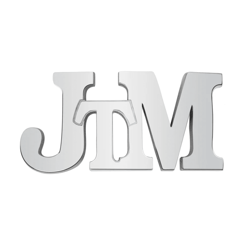 Silver initials 'JTM' in a bold, cursive and uppercase font, shining against a white background.