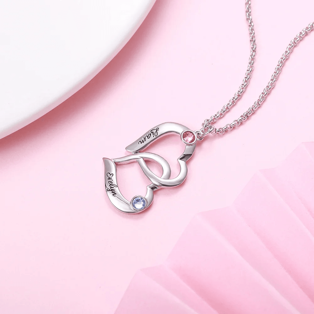 Dainty Heart Necklace, Double Heart Intertwined Necklace, Personalized Kids Name Necklace, Linked Love Hearts Birthstone Necklace, Gift for Her - Belbren