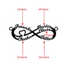 Diagram of a double infinity necklace showing the placement of five names: 1st Name (Amanda), 2nd Name (Dillon), 3rd Name (Charles), 4th Name (Hunter), and 5th Name (Olivia).