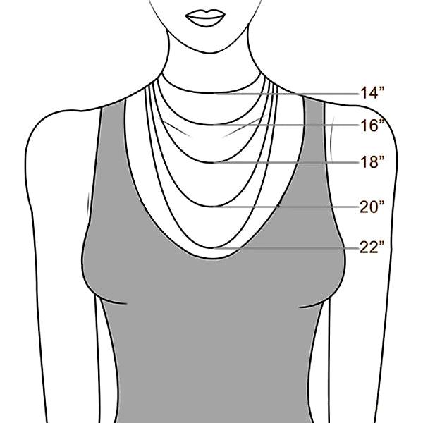 Illustration of a woman showing necklace lengths ranging from 14 inches to 22 inches, demonstrating how different chain lengths fit on the neckline.