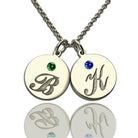 Engraved 3 Initials & Birthstones Disc Charm Necklace. - Belbren