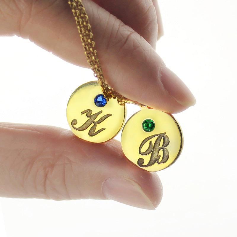 Engraved 3 Initials & Birthstones Disc Charm Necklace. - Belbren