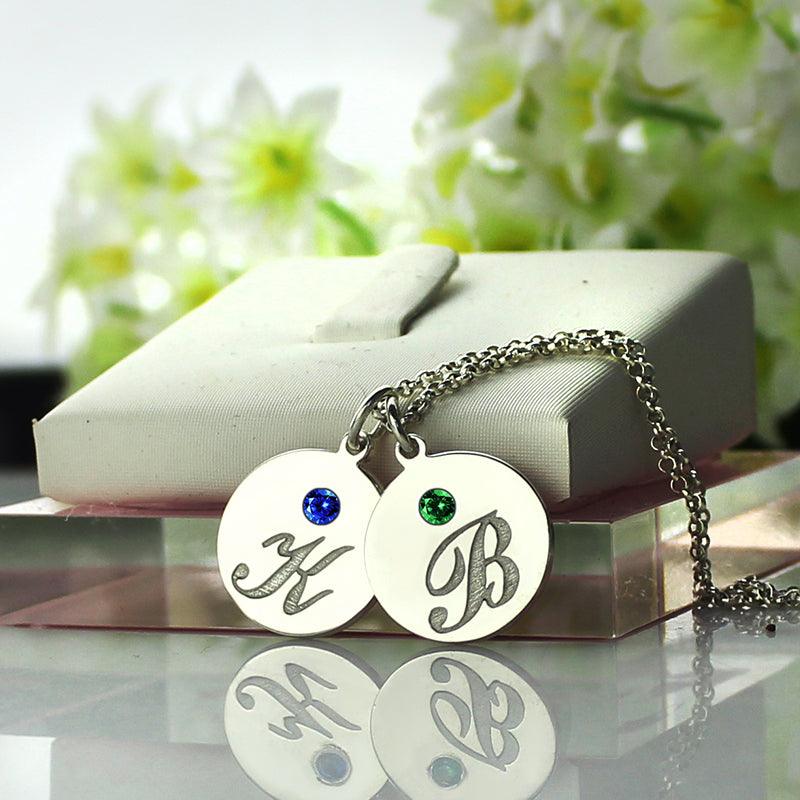 Engraved 3 Initials & Birthstones Disc Charm Necklace. - Belbren