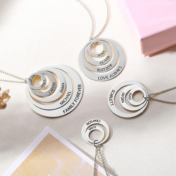 Engraved Family Stacked Circle Necklace Sterling Silver - Belbren