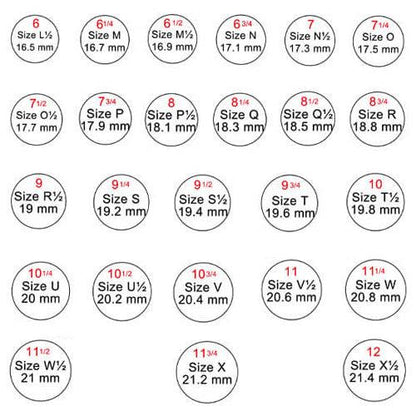 Chart of ring sizes with corresponding measurements in millimeters, ranging from size L½ (16.5 mm) to size X (21.4 mm), displaying incremental increases in size.