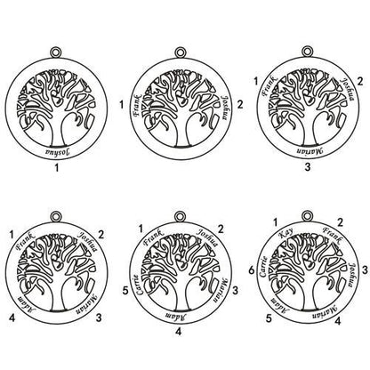 Design options for a circular pendant with a tree motif, showing different name placements around the edge, such as Joshua, Frank, Adam, and others.